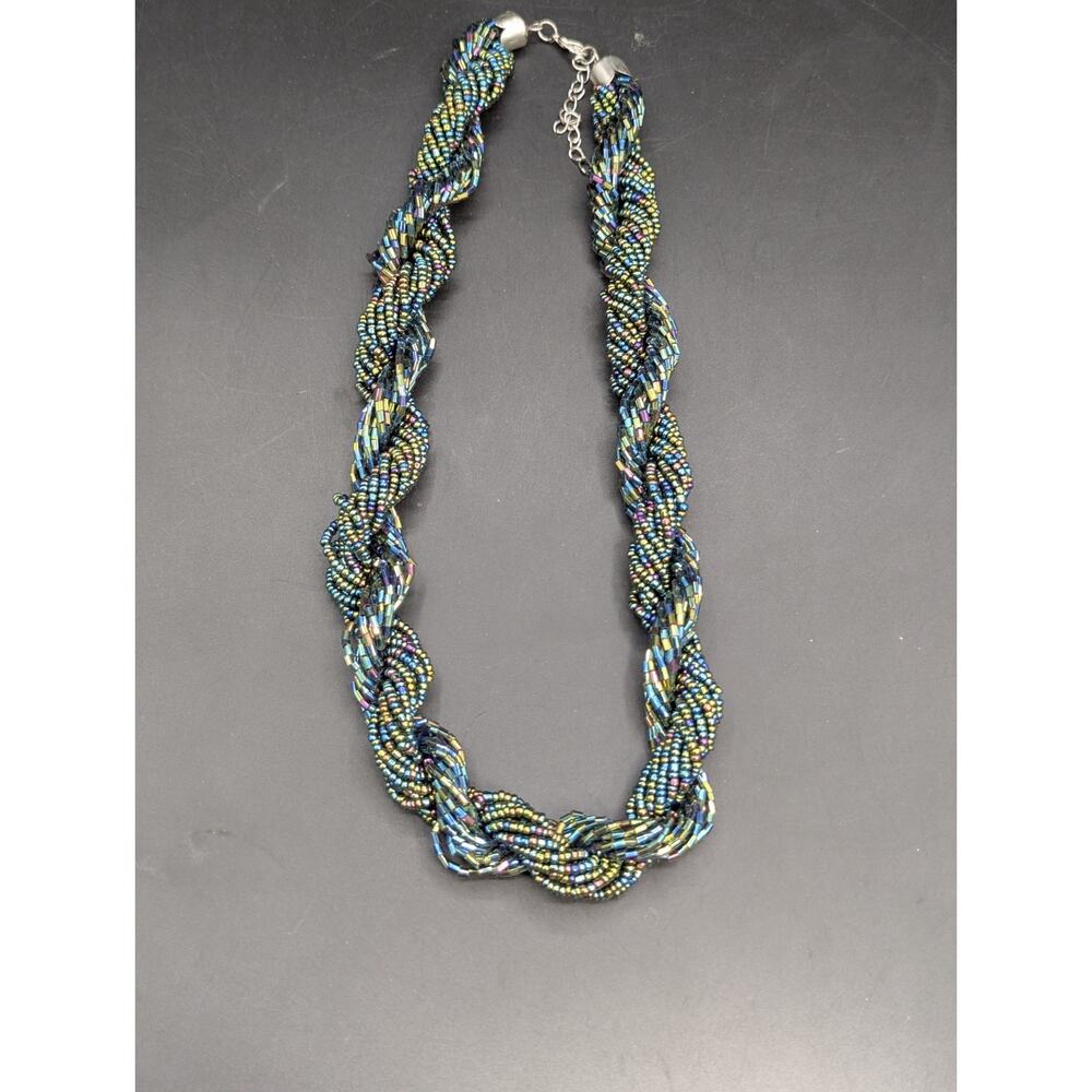 Aurora Borealis Peacock AB Oil Slick Glass Seed Bead Twisted Statement Necklace